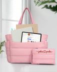 Custom Embroidered Quilted Tote & Pouch Set, Personalised Travel/ Gym School Shoulder Puffer Bag, Bridesmaid, Mom, Xmas Logo Corporate Gift