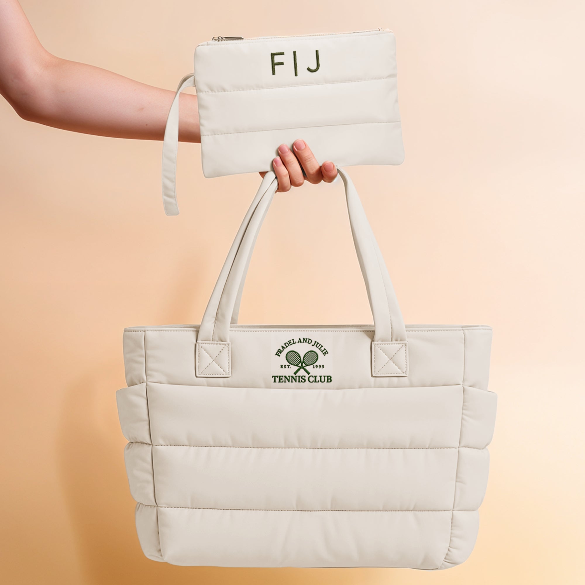 Custom Embroidered Quilted Tote & Pouch Set, Personalised Travel/ Gym School Shoulder Puffer Bag, Bridesmaid, Mom, Xmas Logo Corporate Gift
