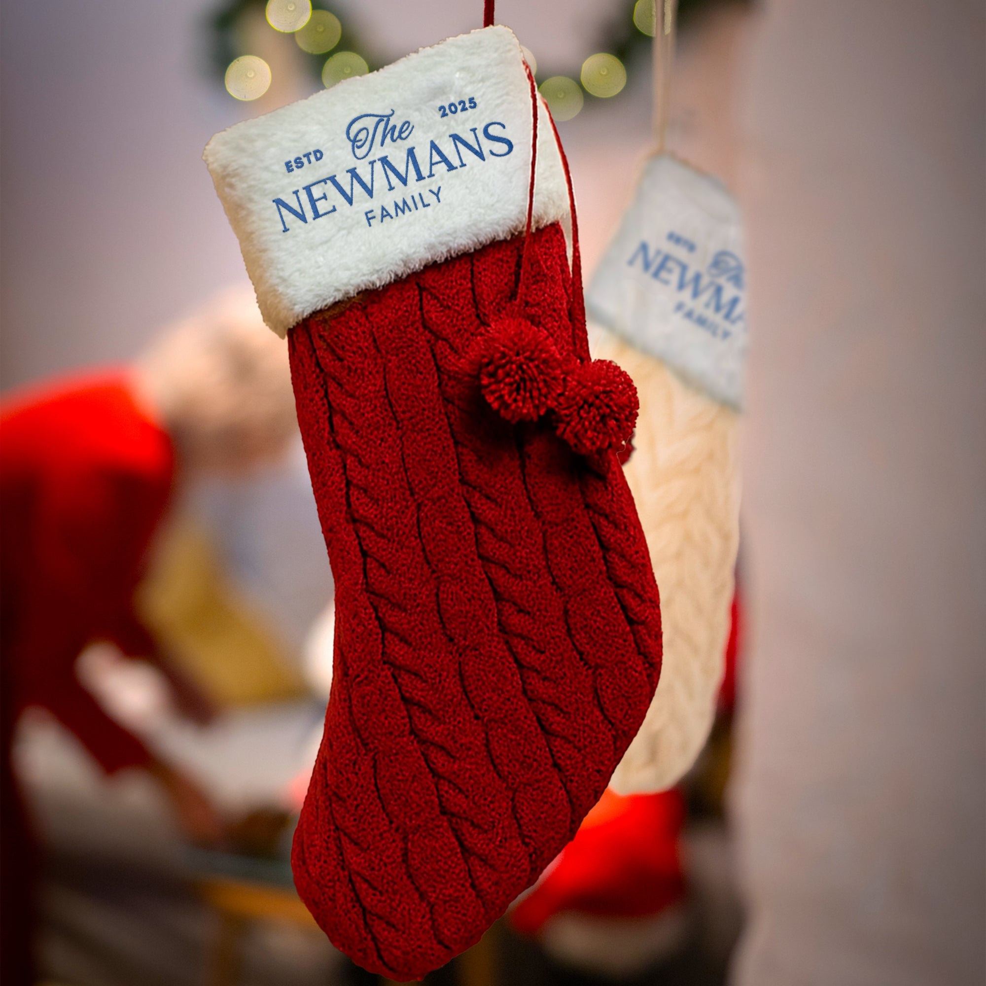 Custom Embroidered Knitted Pom Pom Christmas Stocking, Personalised Merry Xmas Present Sock, Santa Holiday Decor Family Kid Gift Bag Storage