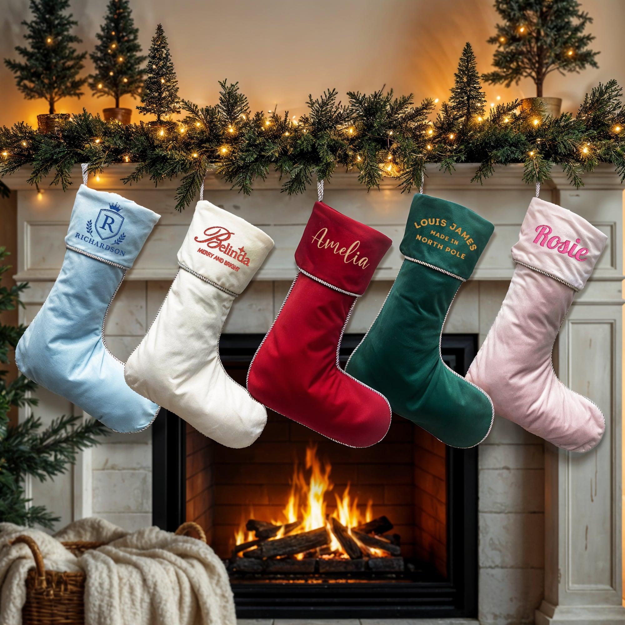 Custom Embroidered Velvet Christmas Stocking, Personalised Merry Xmas Elegant Present Sock, Santa Holiday Decor, Family Kid Gift Bag Storage