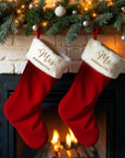 Custom Embroidered Velvet Red & White Fur Christmas Stocking, Personalised Xmas Tree Present Sock, Santa Holiday Decor, Family Kid Gift Bag