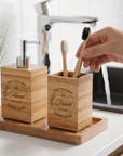 Custom Engraved Bamboo Soap Dispenser & Toothbrush Holder, Personalised Bathroom Refillable Hand Bottle, Housewarming Gift Airbnb Home Décor