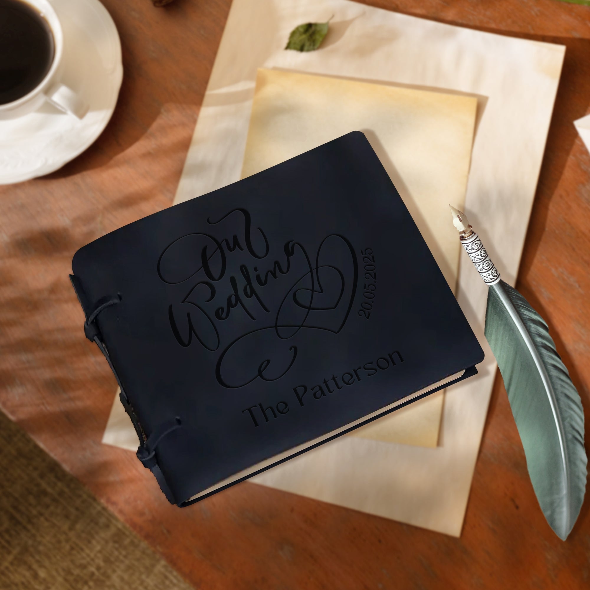 Custom Engraved Black Cowhide Leather A5 Vintage Wedding Guest Book, Personalised Handmade Crazy Horse Traditional Notebook Stationery Party Decor