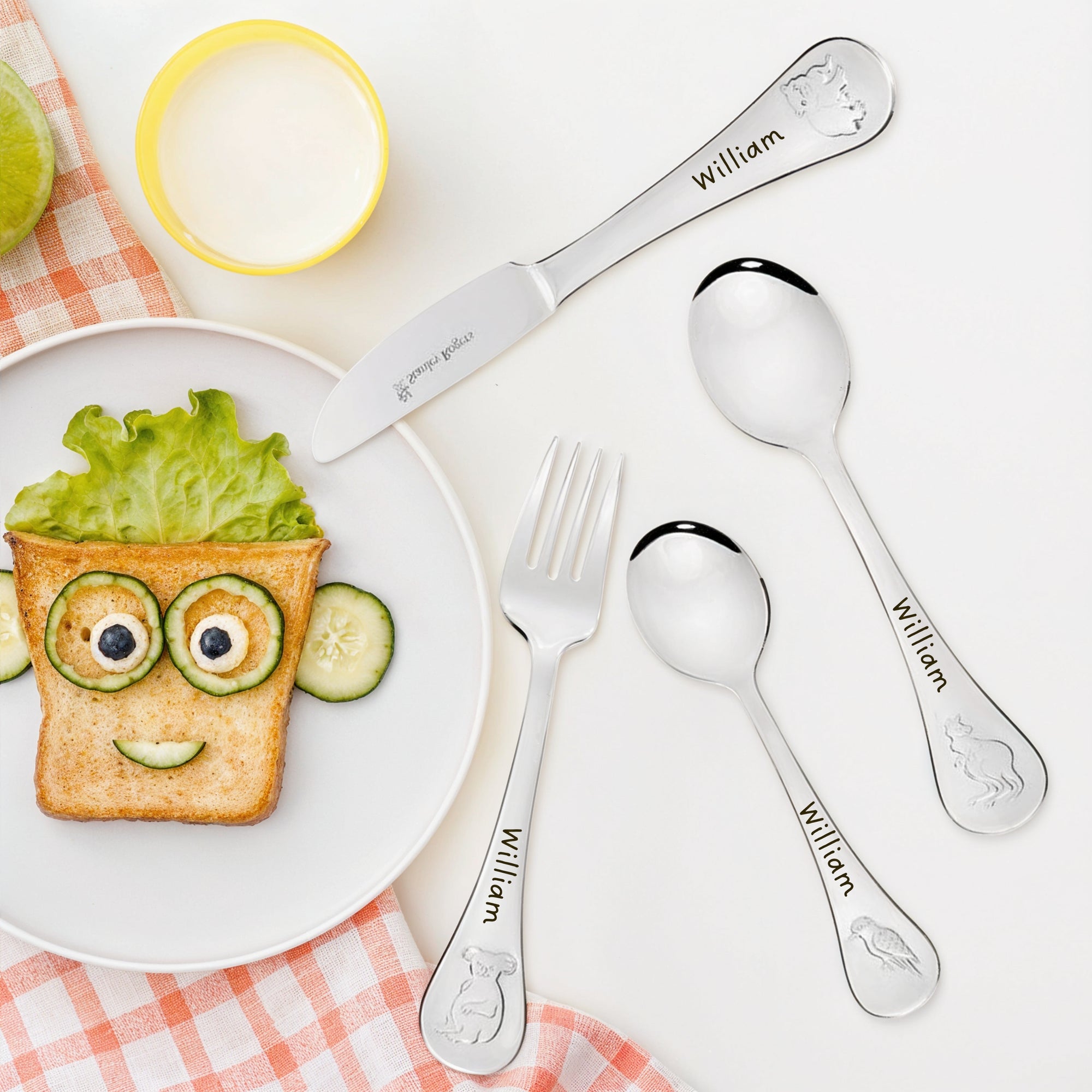 Custom Engraved Kid's Cutlery 4 Piece Set, Personalised Children Name Australian Animals Dining Tools, Utensils, First Birthday Baptism Gift
