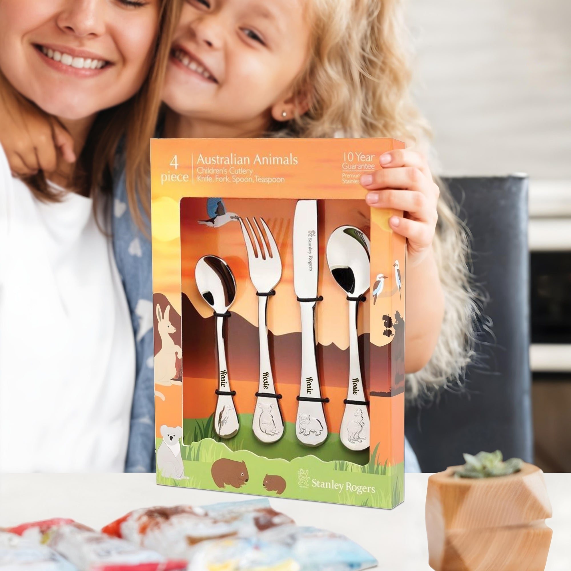 Custom Engraved Kid's Cutlery 4 Piece Set, Personalised Children Name Australian Animals Dining Tools, Utensils, First Birthday Baptism Gift