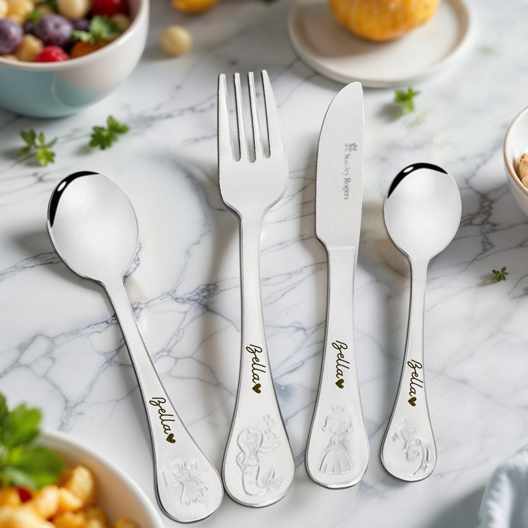 Custom Engraved Kid's Cutlery 4 Piece Set, Personalised Children Name Fairy Tale Dining Tools, Daycare Utensils, First Birthday Baptism Gift