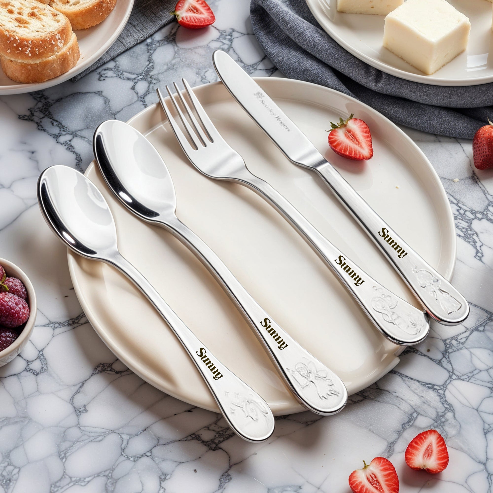 Custom Engraved Kid's Cutlery 4 Piece Set, Personalised Children Name Fairy Tale Dining Tools, Daycare Utensils, First Birthday Baptism Gift