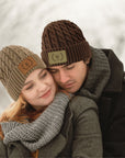 Custom Engraved Leatherette Patch Beanie, Personalised Logo Unisex Travel Hiking Hat, Warm Woven Knit Winter Cap, Dad Mom, Corporate Gift
