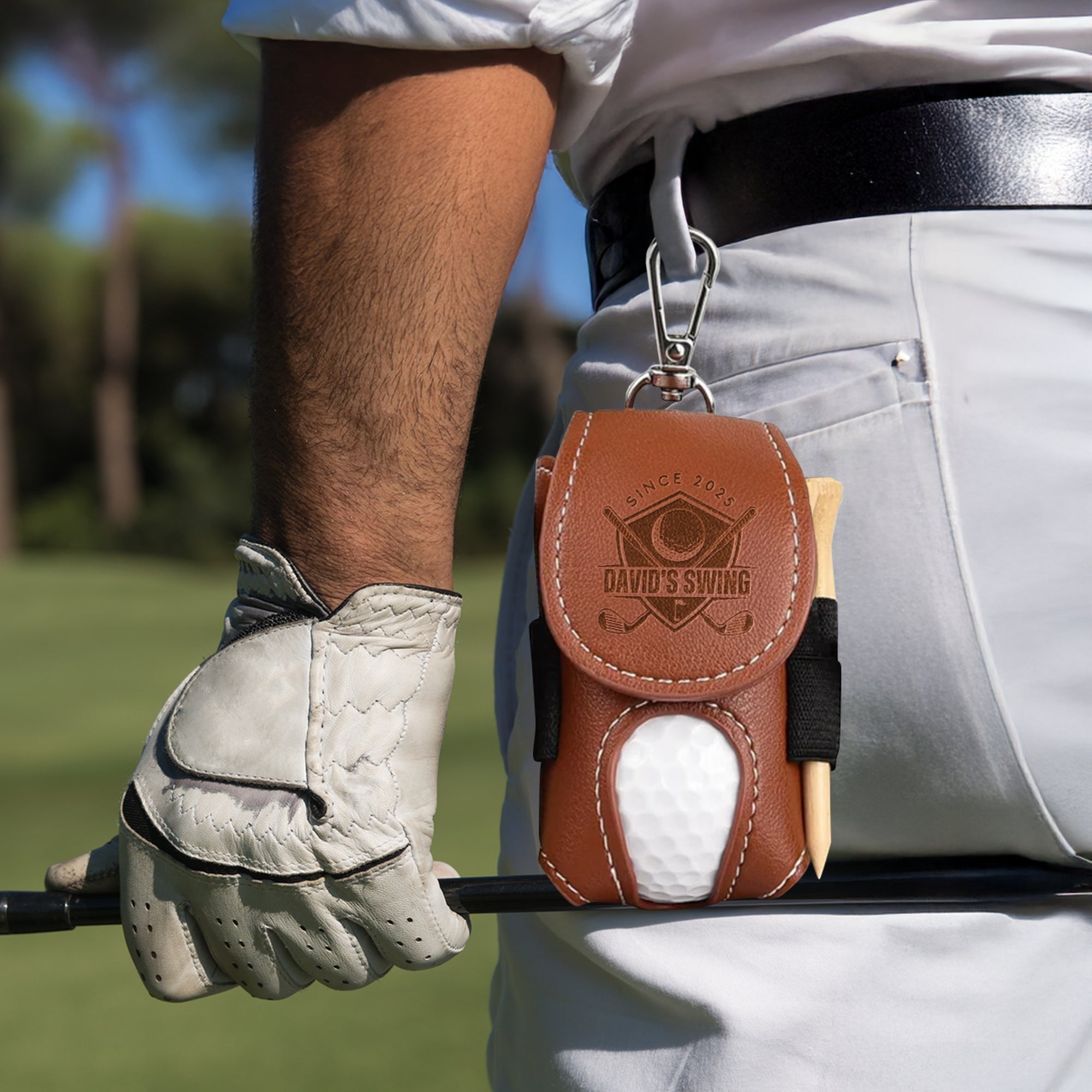 Custom Engraved Leatherette Gold Ball Pouch & Tee Holder, Personalised Name/ Logo Accessories Pocket, Dad Groomsmen Christmas Corporate Gift