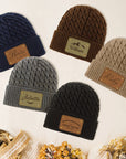 Custom Engraved Leatherette Patch Beanie, Personalised Logo Unisex Travel Hiking Hat, Warm Woven Knit Winter Cap, Dad Mom, Corporate Gift