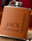Custom Engraved Tan Leatherette 7oz Hip Flask, Personalised Wedding Groomsmen, Dad Father's Day, Logo Christmas Corporate Gift