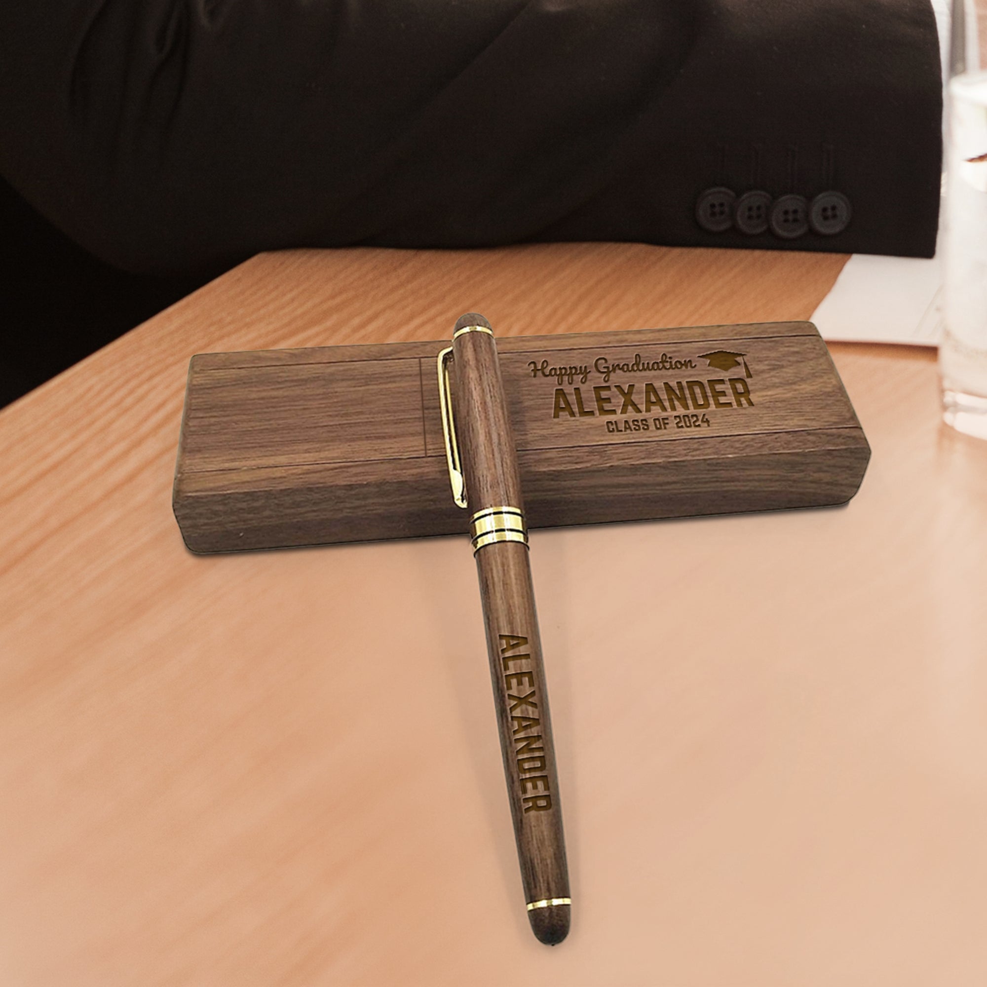 Custom Engraved Walnut Wooden Pen & Case Set, Personalised Logo Eco Bamboo Corporate Gifts, Teacher, Student, Event, Wedding Reception Decor