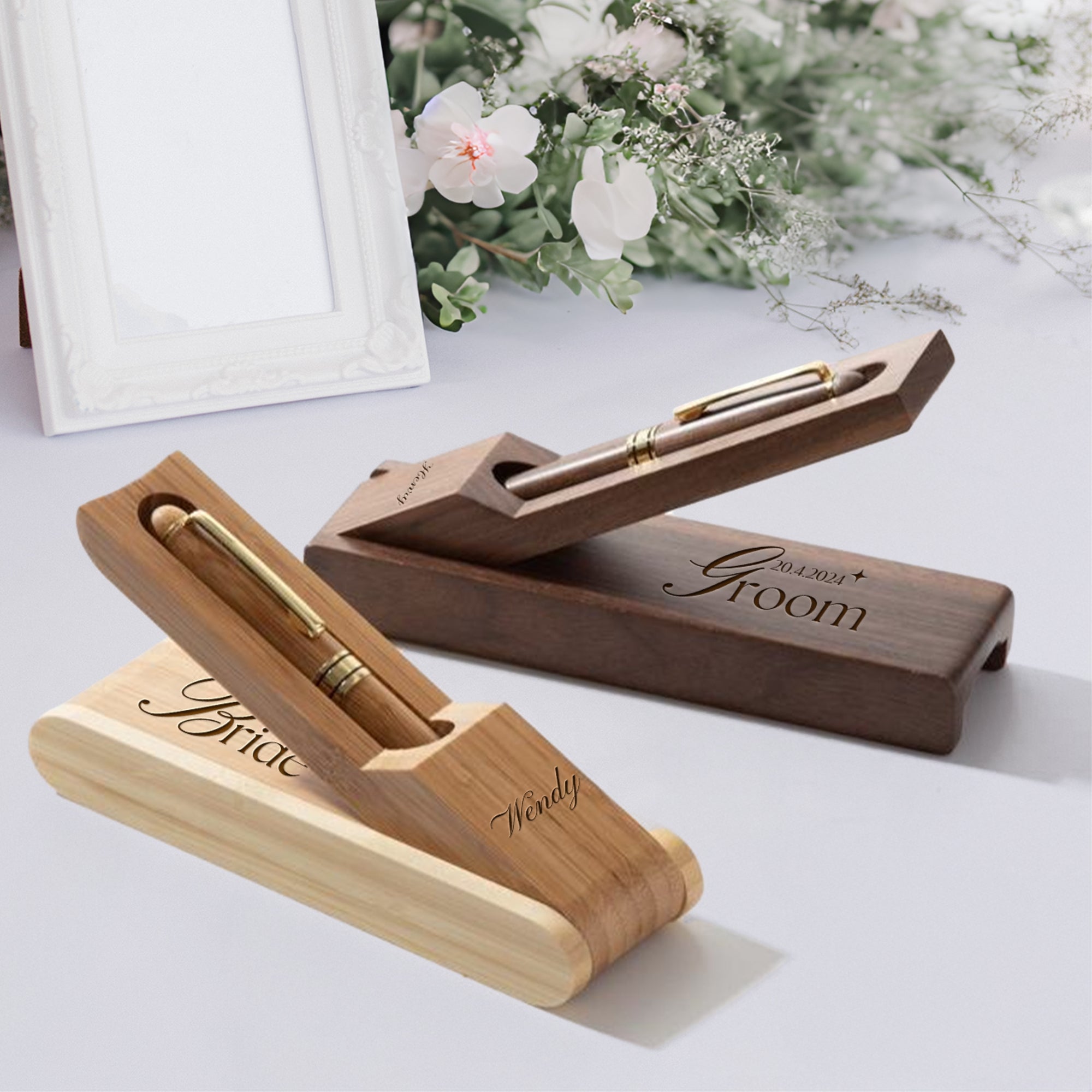Custom Engraved Walnut Wooden Pen & Case Set, Personalised Logo Eco Bamboo Corporate Gifts, Teacher, Student, Event, Wedding Reception Decor