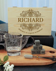 Custom Engraved Whiskey Wooden Box, 270ml Scotch Glass, 6 Ice Stones & Tongs, Personalised Logo Barware Set Groomsman Dad Birthday Gift