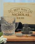 Custom Engraved Whiskey Wooden Box, Diamond Scotch Glass, 6 Ice Stones & Tongs, Personalised Logo Barware Set, Groomsman Dad, Corporate Gift