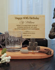 Custom Engraved Whiskey Wooden Box, Sleek Round Scotch Glass, 6 Rock Ice Stones & Tongs, Personalised Barware Set Wedding Groomsman Dad Gift