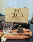 Custom Engraved Whiskey Wooden Box, Twisted Scotch Glass, 6 Ice Stones & Tongs, Personalised Logo Barware Set, Groomsman Corporate Xmas Gift