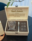 Custom Engraved Whiskey Wooden Box, Twisted Scotch Glass, 6 Ice Stones & Tongs, Personalised Logo Barware Set, Groomsman Corporate Xmas Gift