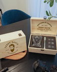 Custom Engraved Whiskey Wooden Box, Twisted Scotch Glass, 6 Ice Stones & Tongs, Personalised Logo Barware Set, Groomsman Corporate Xmas Gift