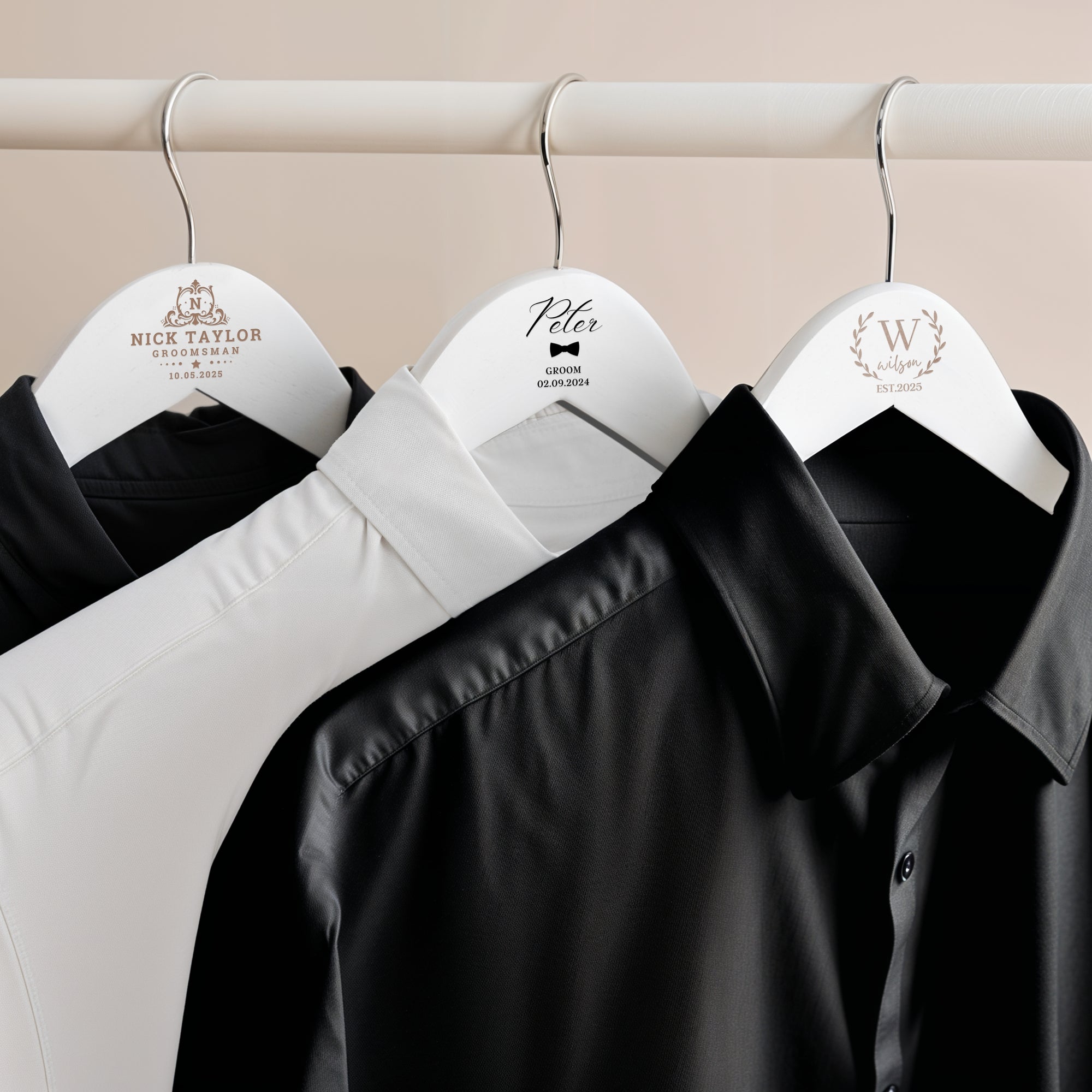 Custom Engraved White Wooden Coat Hanger & Bar, Silver Gold Hook, Personalised Logo Retail Suit Hangers, Wedding Groomsman/ Bridesmaid Gift