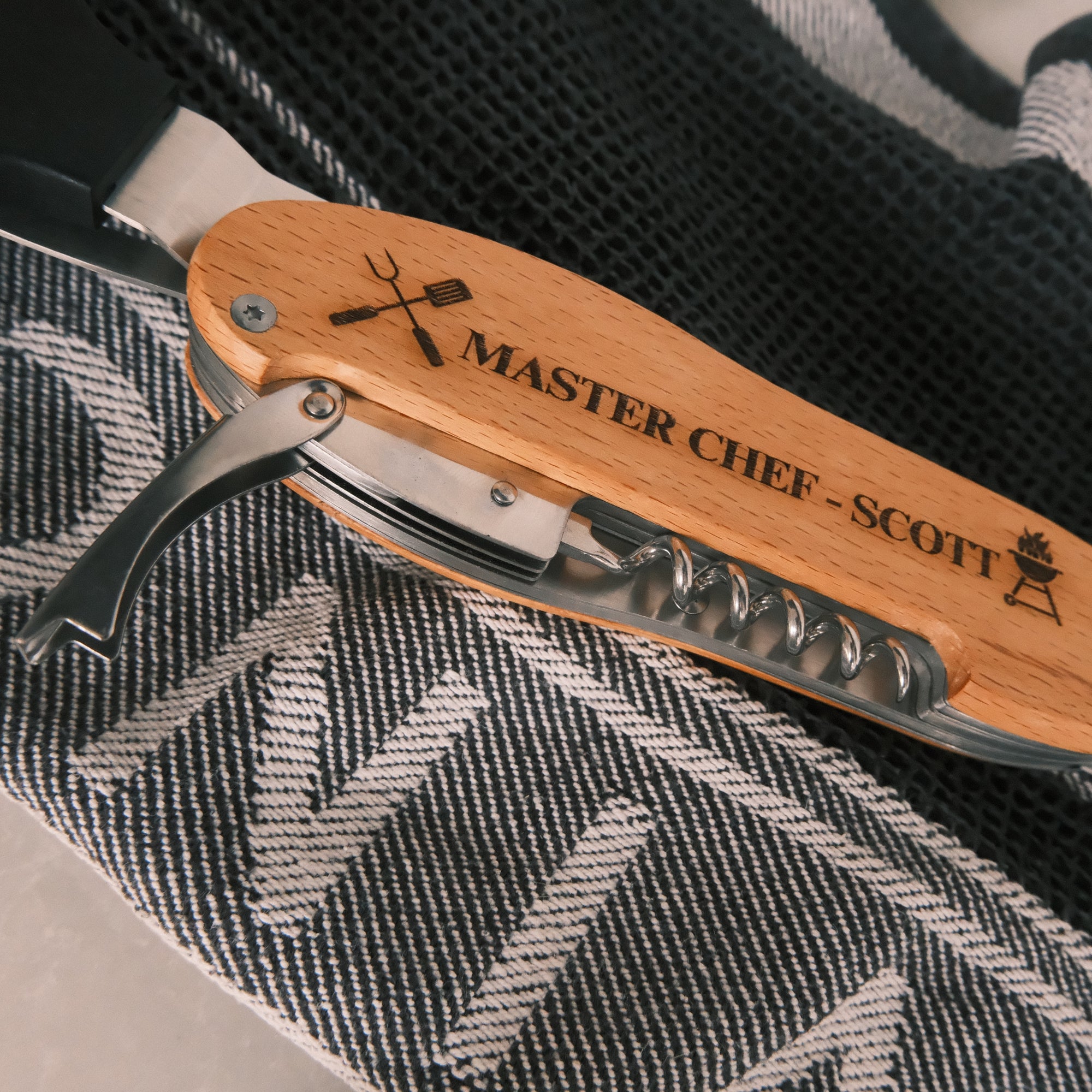 Personalised 5 in 1 Foldable BBQ Tool, Custom Engraved Logo Barbecue Spatula & Multi Grill Tools, Dad, Housewarming Groomsman Corporate Gift