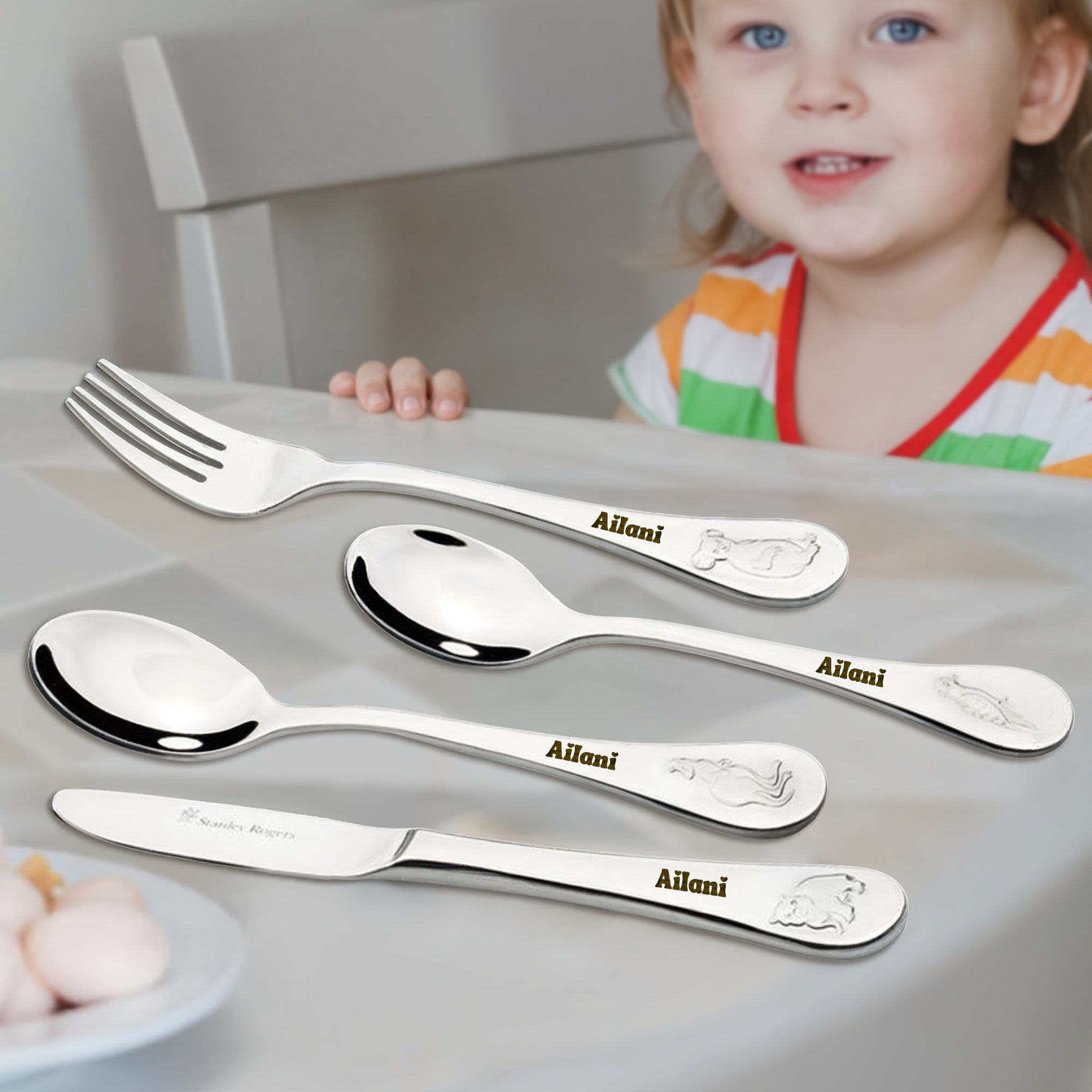 Custom Engraved Kid's Cutlery 4 Piece Set, Personalised Children Name Australian Animals Dining Tools, Utensils, First Birthday Baptism Gift