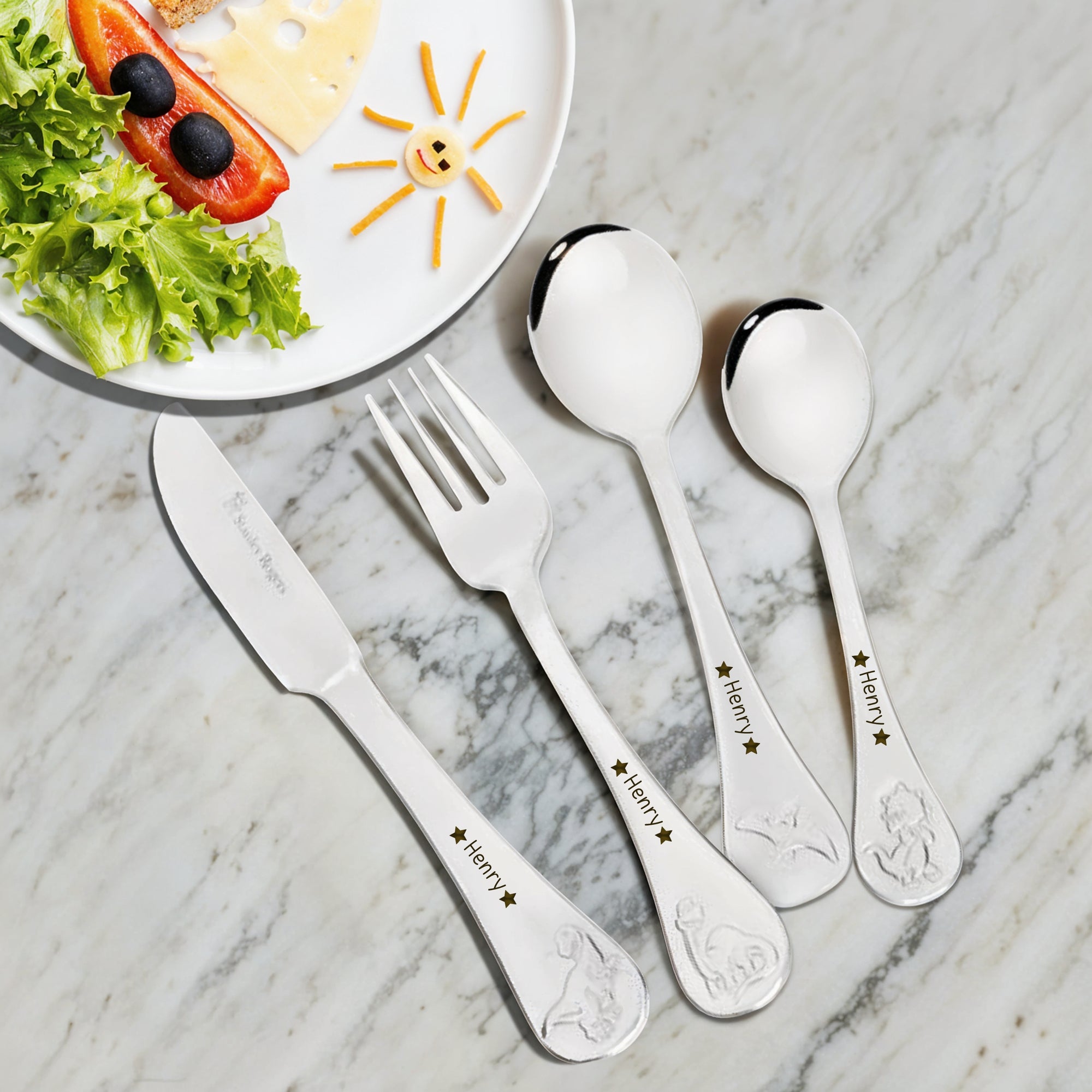 Custom Engraved Kid's Cutlery 4 Piece Set, Personalised Children Name Dinosaurs Dining Tools, Daycare Utensils, First Birthday Baptism Gift