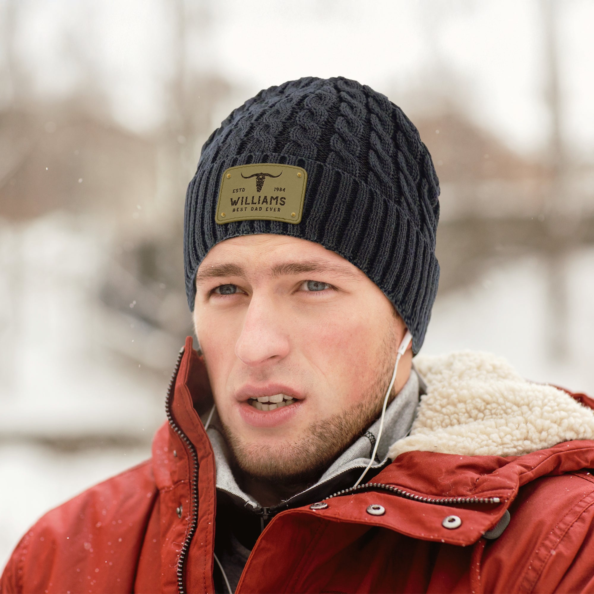 Custom Engraved Leatherette Patch Beanie, Personalised Logo Unisex Travel Hiking Hat, Warm Woven Knit Winter Cap, Dad Mom, Corporate Gift