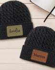 Custom Engraved Leatherette Patch Beanie, Personalised Logo Unisex Travel Hiking Hat, Warm Woven Knit Winter Cap, Dad Mom, Corporate Gift