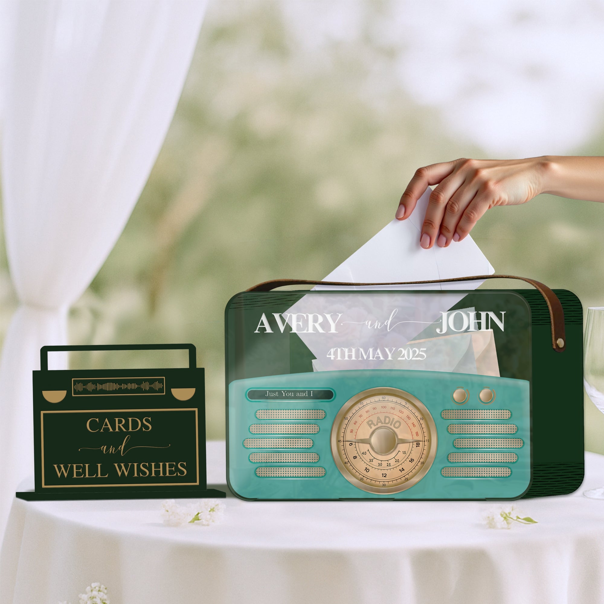 Custom Plywood Acrylic Retro Radio Wishing Well Box - Leatherette Carry Handle & Sign, Personalised Money Card Wedding Memory Keepsake Gift
