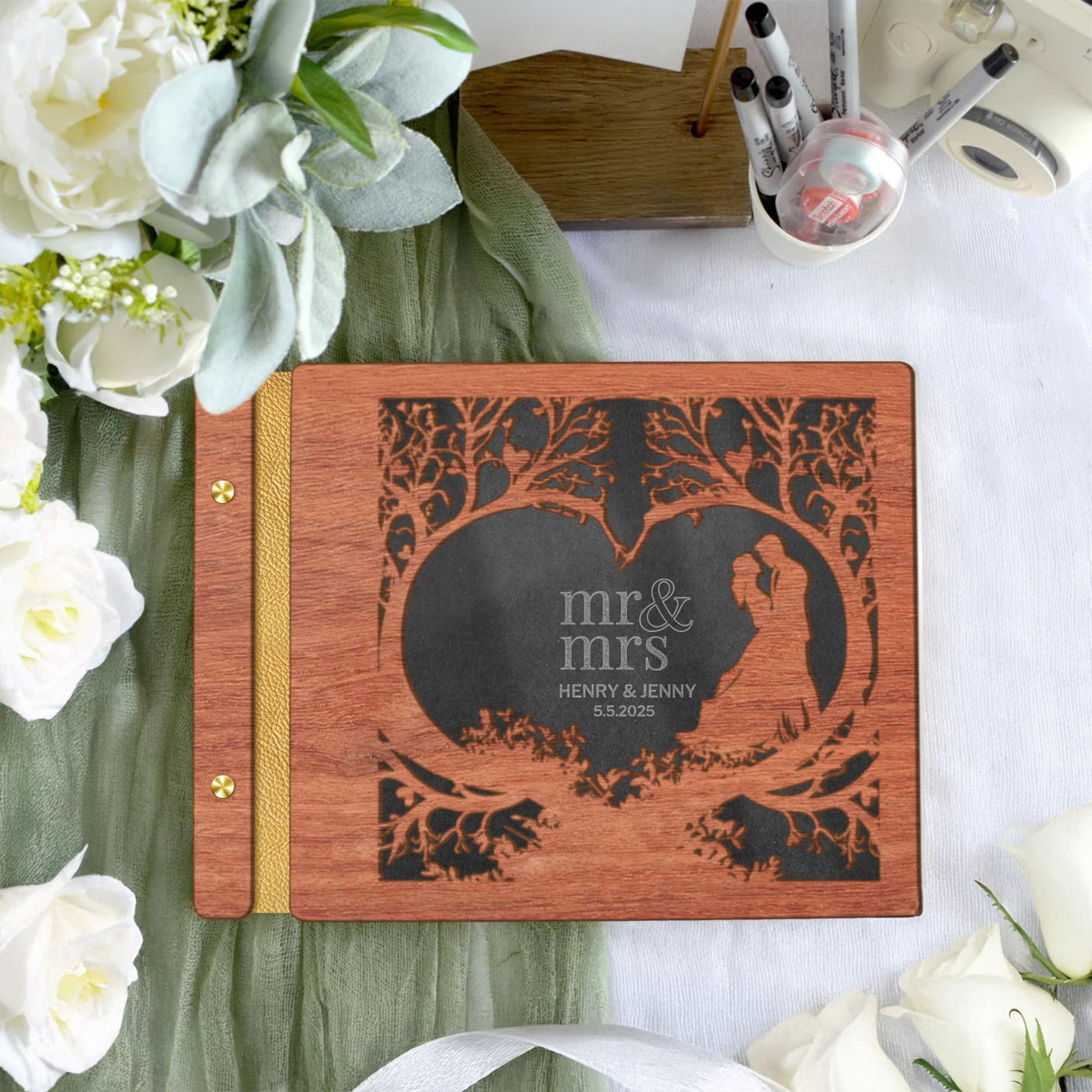 Custom Wooden Laser Cut Cover & Engraved Acrylic Wedding Guest Book, Personalised Traditional Pattern Guestbook Keepsake, Rustic Party Decor