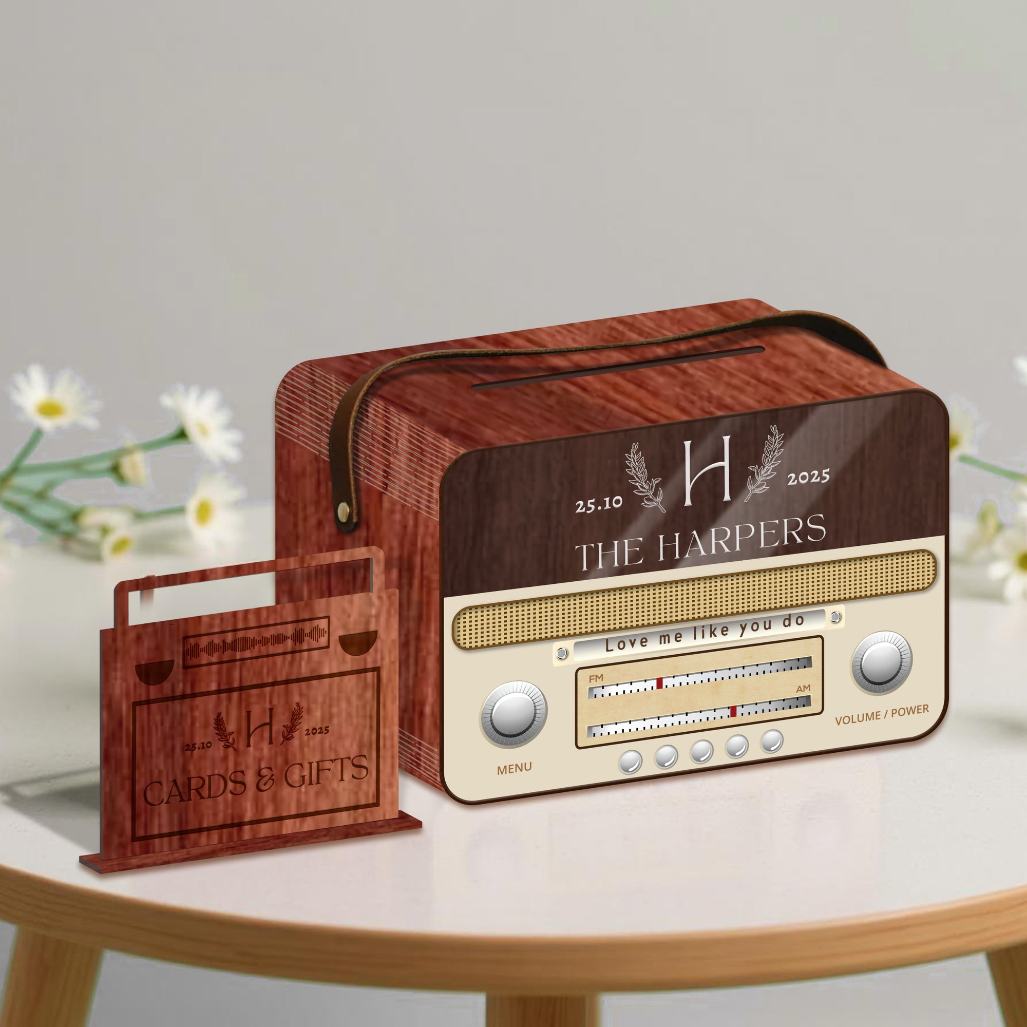 Custom Plywood Acrylic Retro Radio Wishing Well Box - Leatherette Carry Handle & Sign, Personalised Money Card Wedding Memory Keepsake Gift