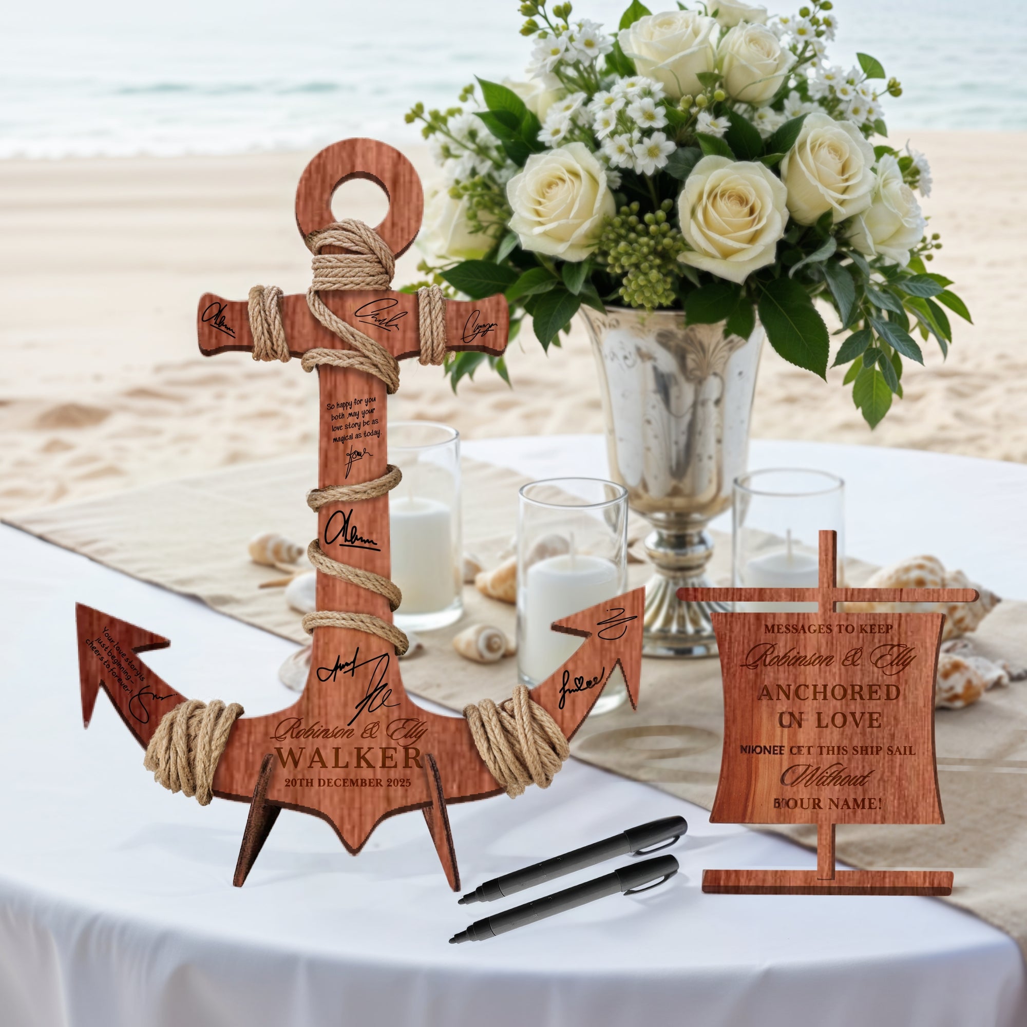 Custom Wooden Anchor Wedding Sign & Rope, Personalised Nautical Guest Book Alternative, Welcome Navy Beach Signage Destination Decor Keepsake