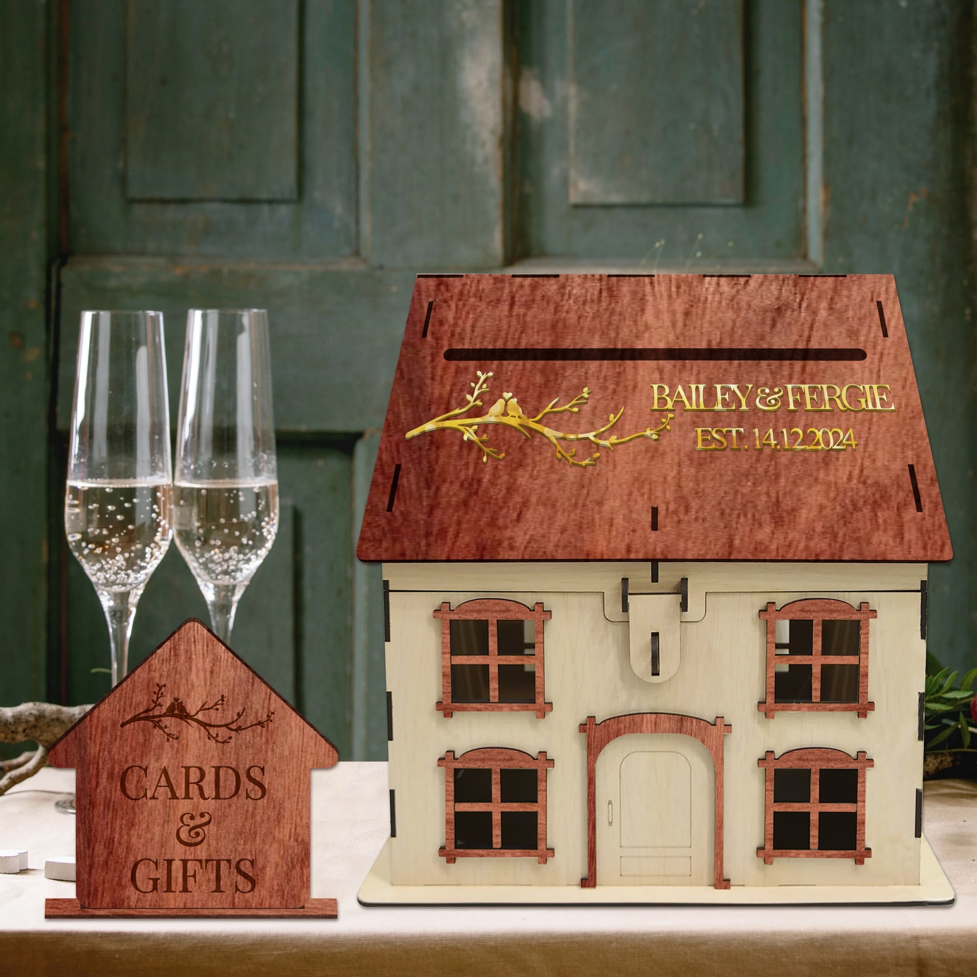 Custom Wooden House Wedding Post Box & 3D Acrylic Text, Personalised Rustic Wishing Well Holder, Money Storage, Envelope Card Trinket, Gift