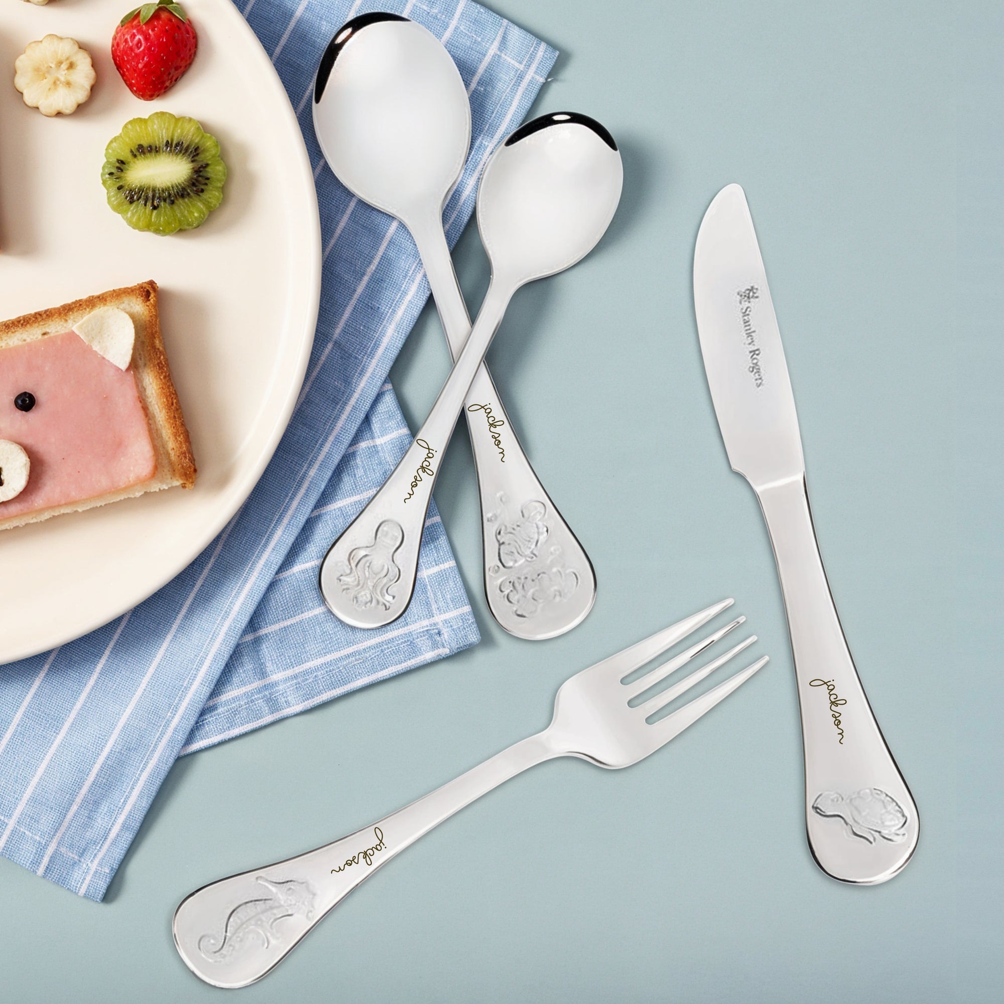 Custom Engraved Kid's Cutlery 4 Piece Set, Personalised Children Name Spoons, Fork, Knife/ Daycare Dining Tools, First Birthday Baptism Gift