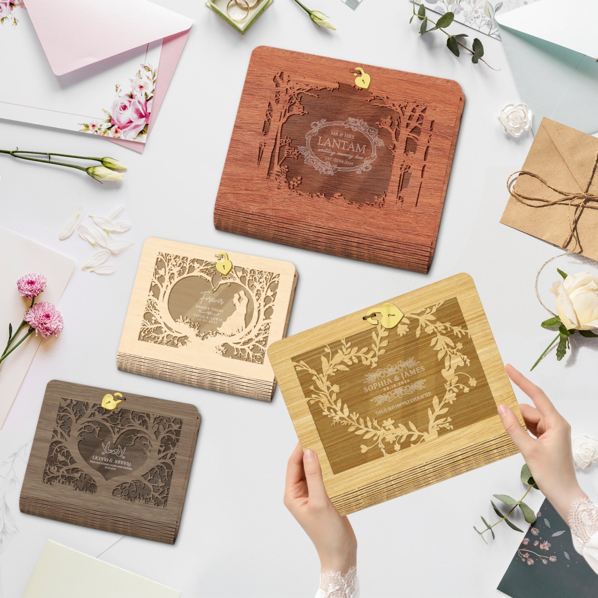 Custom Laser Cut Wooden Book Box, Personalised Wedding Favours, Birthday Keepsake Chest Photo Storage, Christmas, Engagement, Corporate Gift