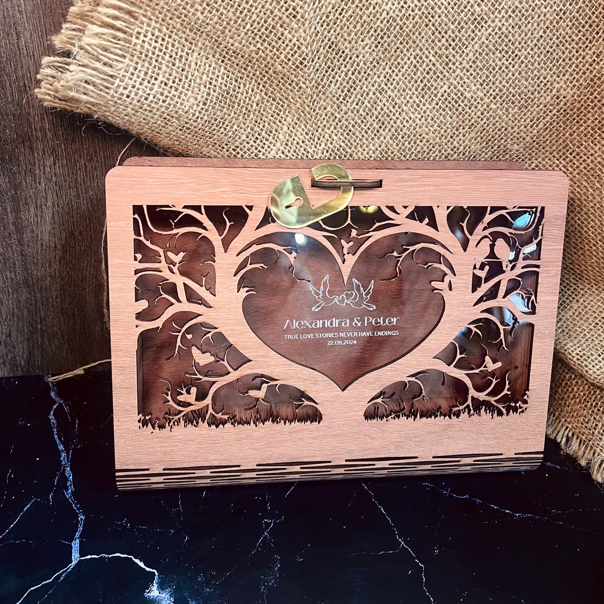 Custom Laser Cut Wooden Book Box, Personalised Wedding Favours, Birthday Keepsake Chest Photo Storage, Christmas, Engagement, Corporate Gift