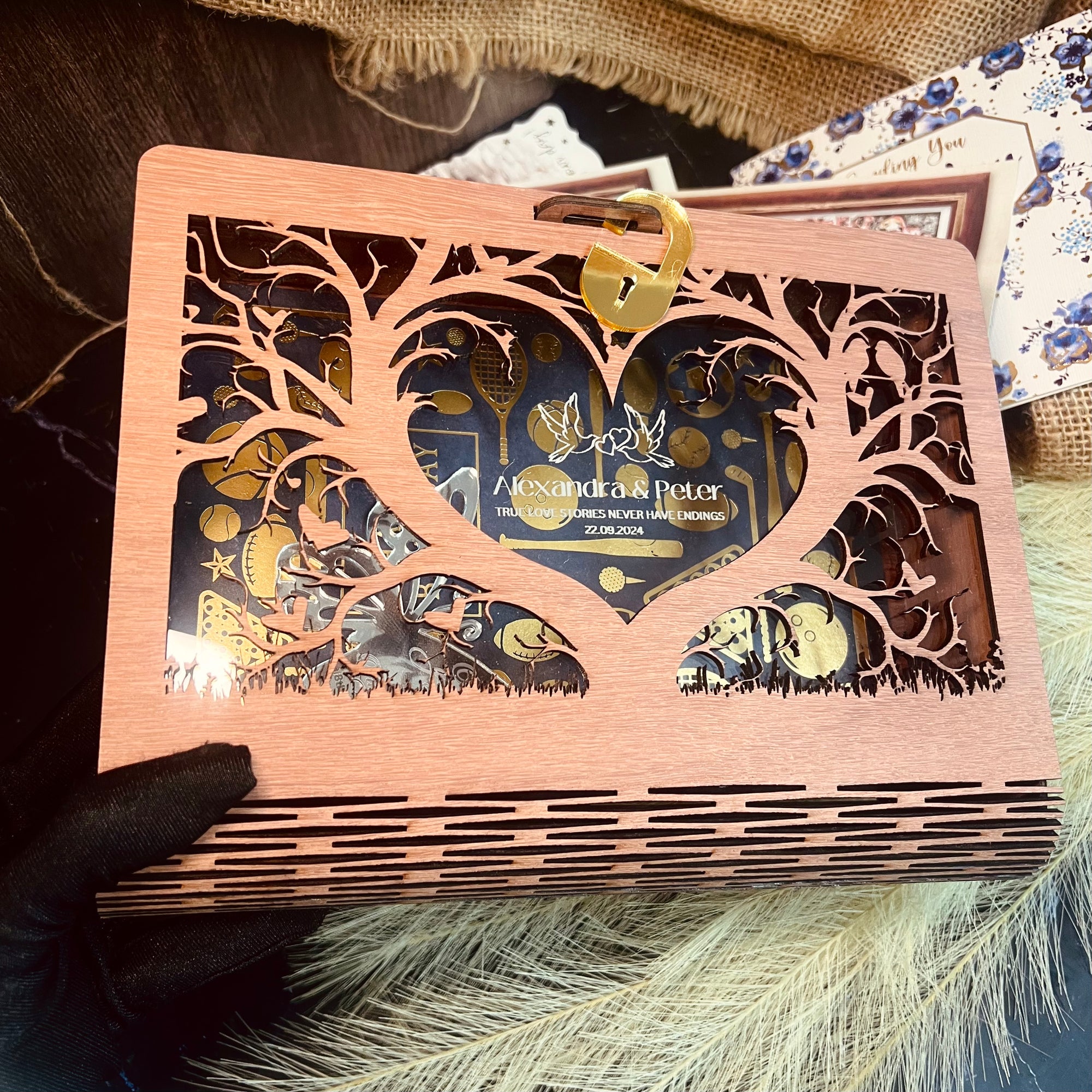 Custom Laser Cut Wooden Book Box, Personalised Wedding Favours, Birthday Keepsake Chest Photo Storage, Christmas, Engagement, Corporate Gift