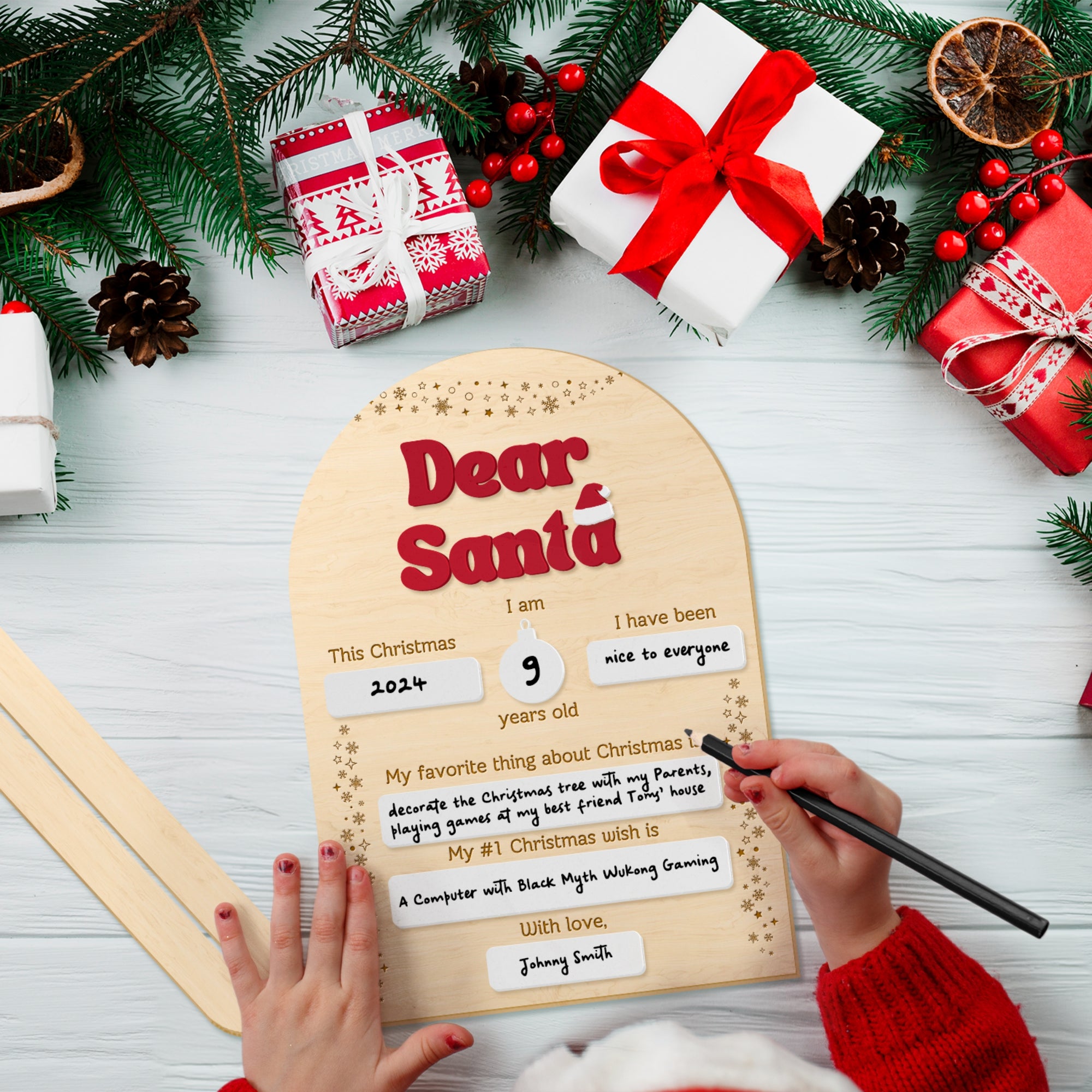 Custom Made 3D Raised Acrylic Dear Santa Letter Wish List Board Wooden Plaque | Christmas Erasable Sign, Holiday Gift Xmas Party Event Decor
