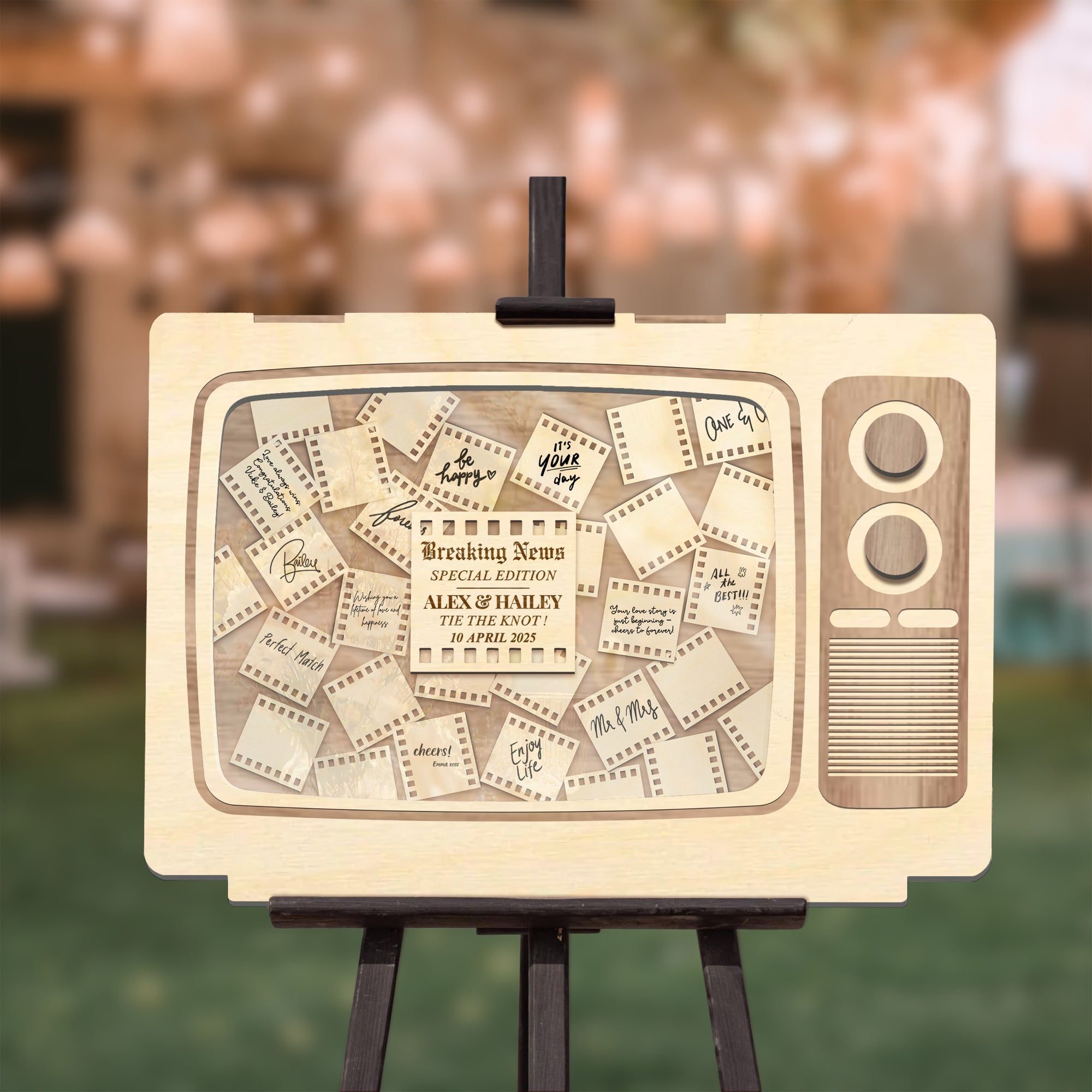 Custom Made Laser Cut Plywood & Acrylic Retro TV Wedding Chips Drop Box, Rustic Personalised Guest Book Alternative, Stationery Table Decor