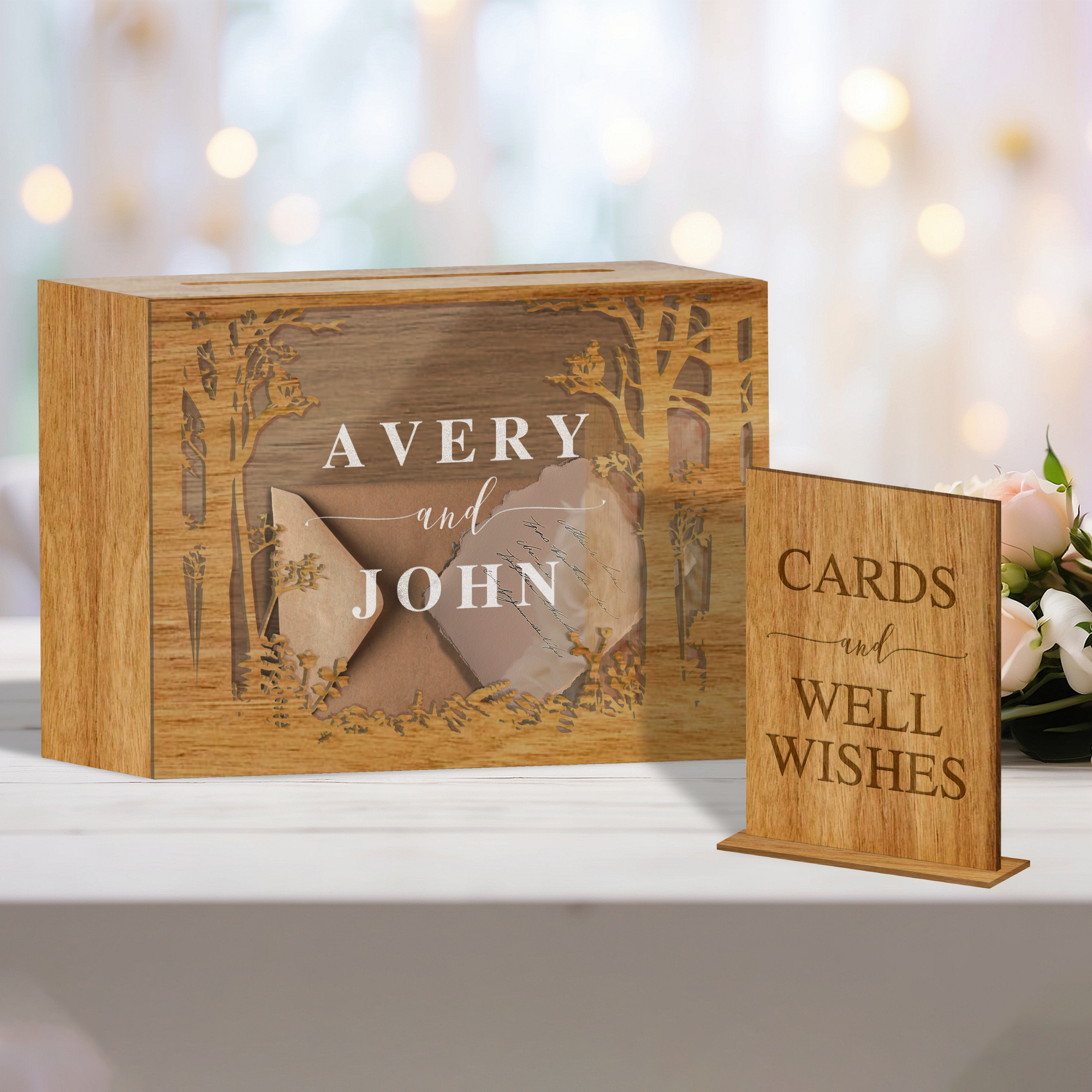 Custom Plywood Acrylic Tree Wishing Well Box & Sign, Personalised Name Date Money, Envelope, Card Boxes, Rustic Wedding Memory Keepsake Gift