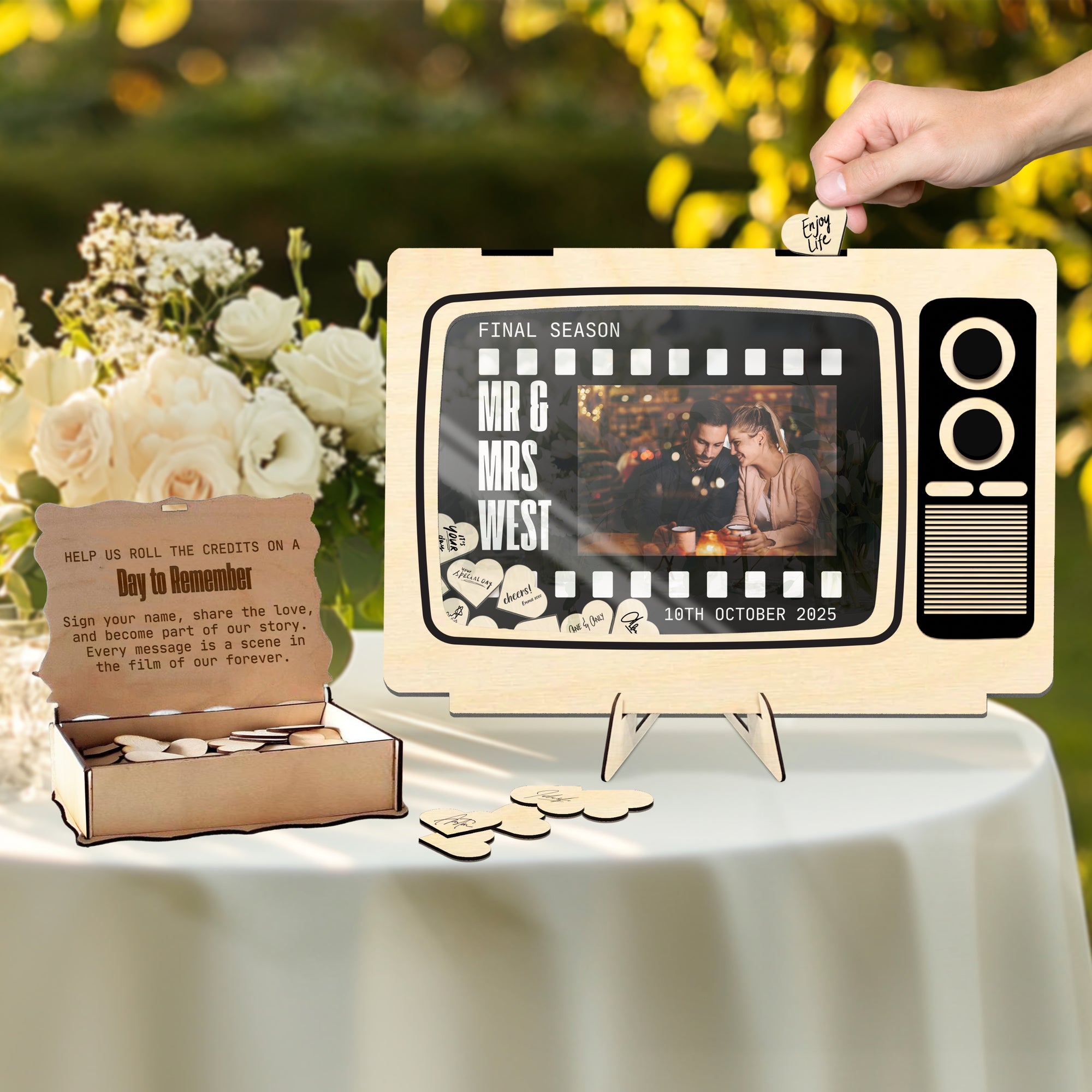 Custom Made Laser Cut Plywood & Acrylic Retro TV Wedding Couple Photo Drop Box, Personalised Guest Book Alternative Vintage Stationery Decor