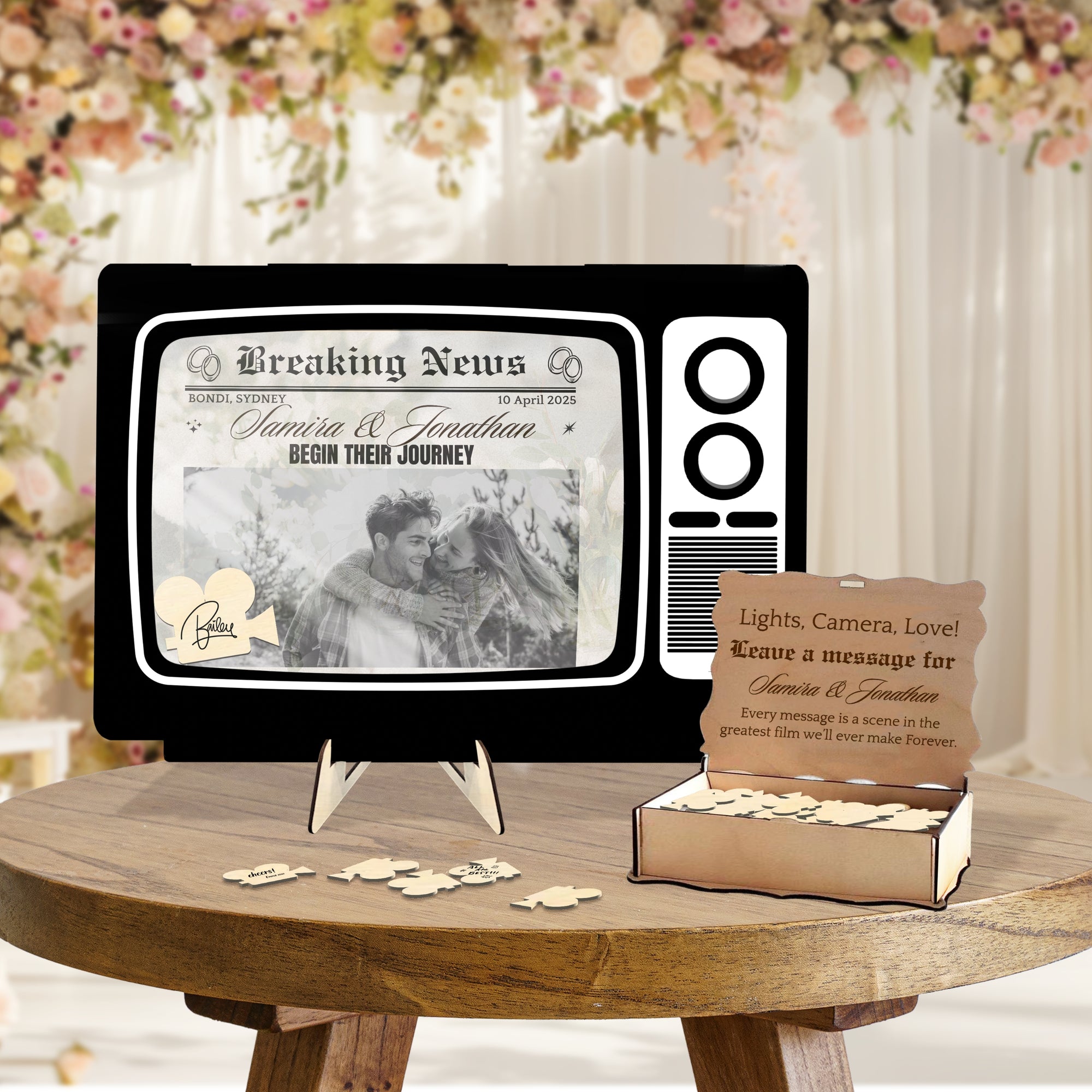 Custom Made Laser Cut Plywood & Acrylic Retro TV Wedding Couple Photo Drop Box, Personalised Guest Book Alternative Vintage Stationery Decor