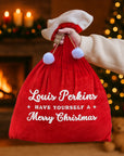 Custom Embroidered Pom Pom Velvet Christmas Bag, Personalised Xmas Present Santa Sack Holiday Decor Family Kid Gift Drawstring Pouch Storage
