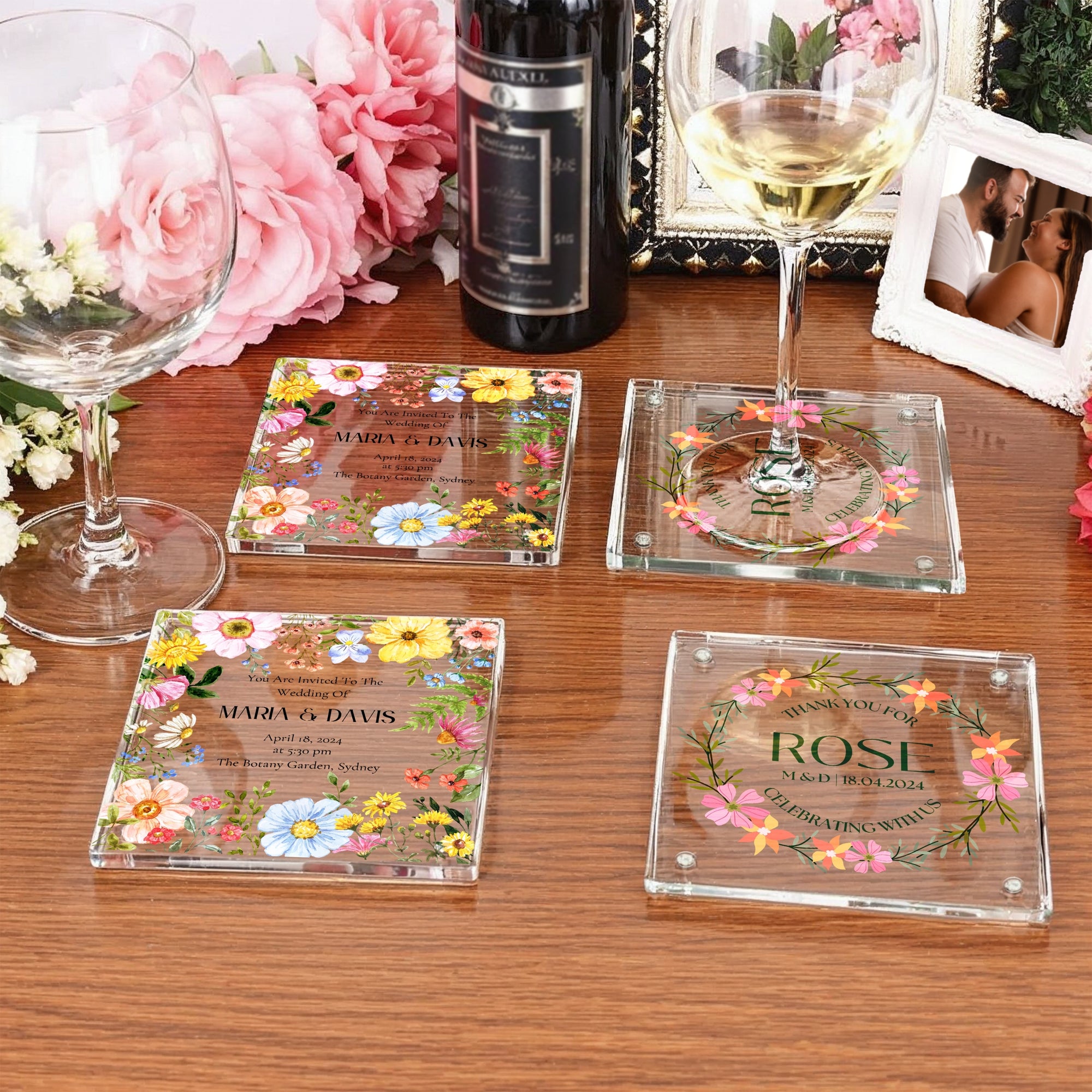 Custom UV Printed Glass Coaster, Personalised Name Date Flower Drink Mat, Wedding Favour Anniversary / Housewarming Birthday/ Corporate Gift