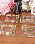 Custom UV Printed Glass Coaster, Personalised Name Date Flower Drink Mat, Wedding Favour Anniversary / Housewarming Birthday/ Corporate Gift