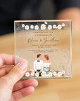 Custom UV Printed Glass Coaster, Personalised Name Date Flower Drink Mat, Wedding Favour Anniversary / Housewarming Birthday/ Corporate Gift