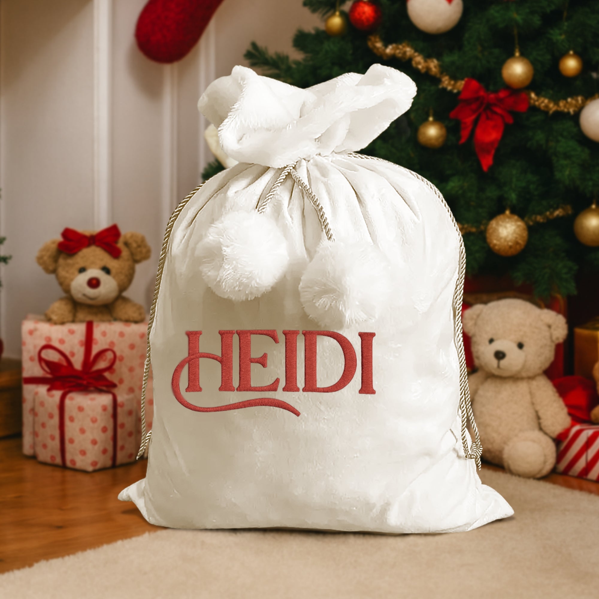 Custom Embroidered Pom Pom Velvet Christmas Bag, Personalised Xmas Present Santa Sack Holiday Decor Family Kid Gift Drawstring Pouch Storage