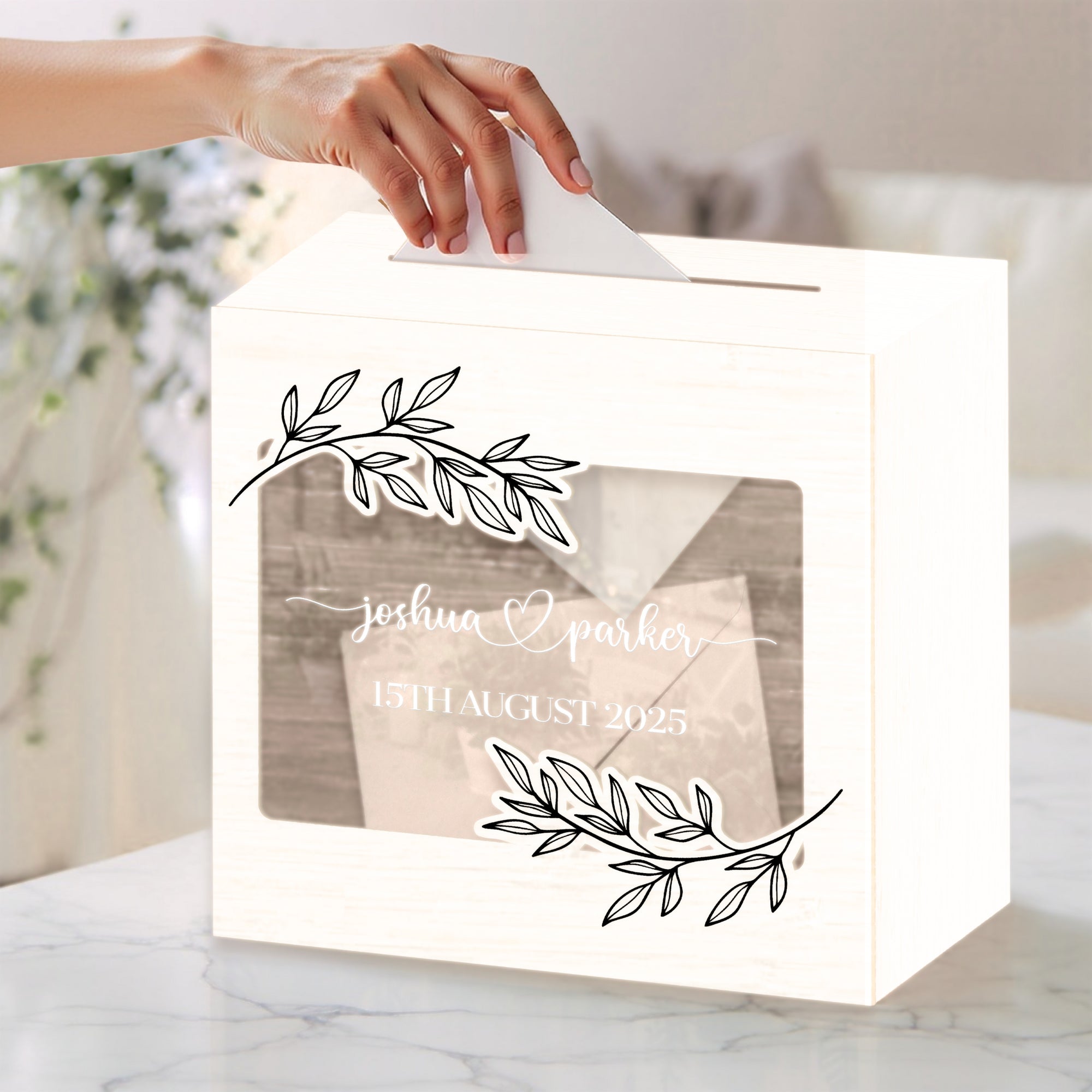 Custom Wooden Acrylic Square Wishing Well Box & Sign, Personalised Name Date Money, Envelope Card Boxes, Rustic Wedding Memory Keepsake Gift