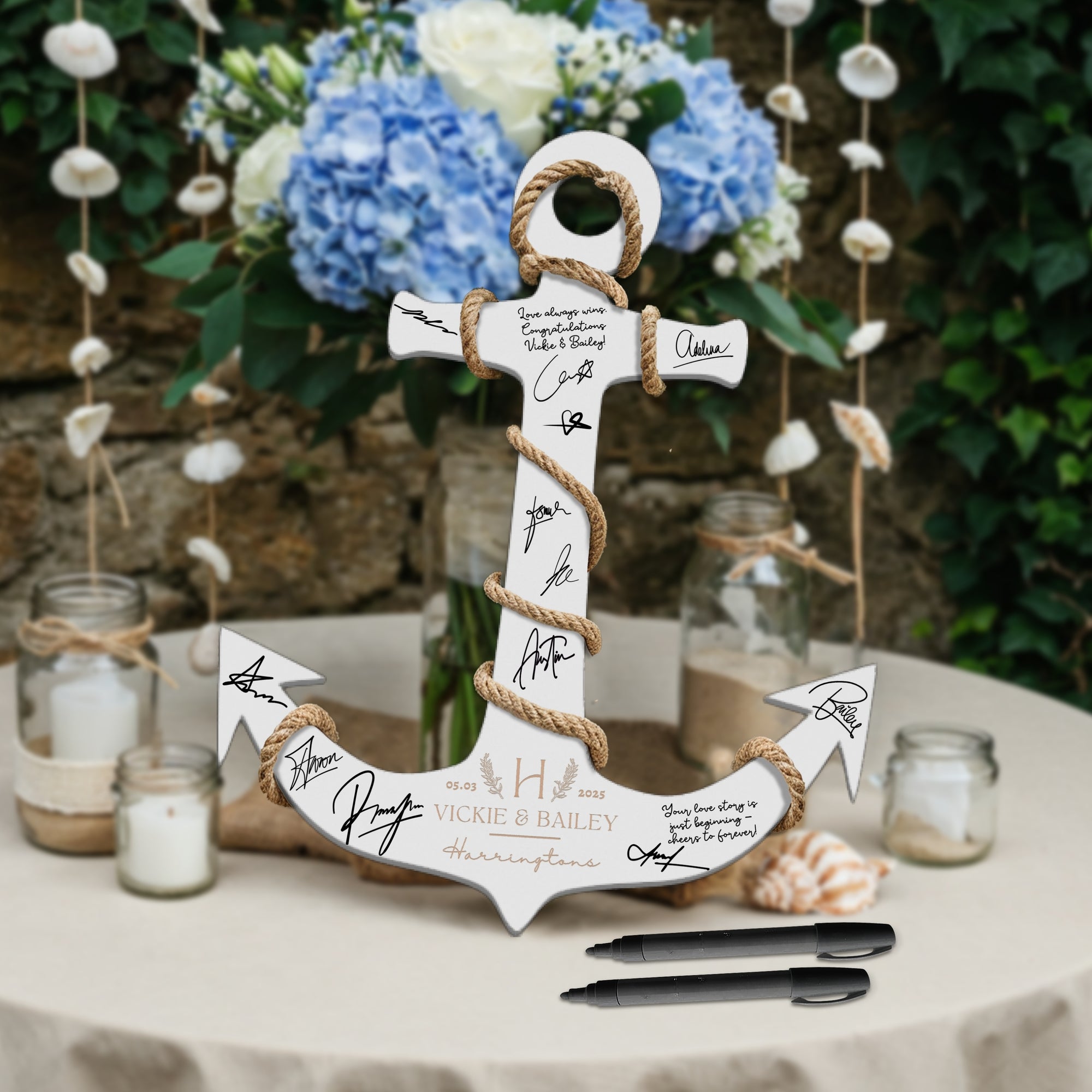 Custom Wooden Anchor Wedding Sign & Rope, Personalised Nautical Guest Book Alternative, Welcome Navy Beach Signage Destination Decor Keepsake